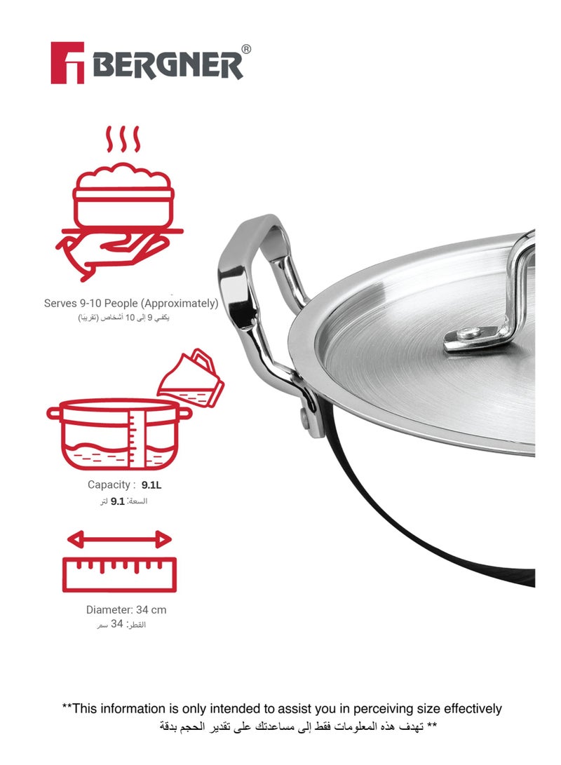 Bergner Argent 34cm (9.1L) Tri-Ply Stainless Steel Deep Stir-Fry Pan, Multipurpose Curry Pan with Lid, Less Oil Use Healthy Cooking, Food Safe, Stay-Cool Handles, Induction & Gas Stove Compatible - Image 2